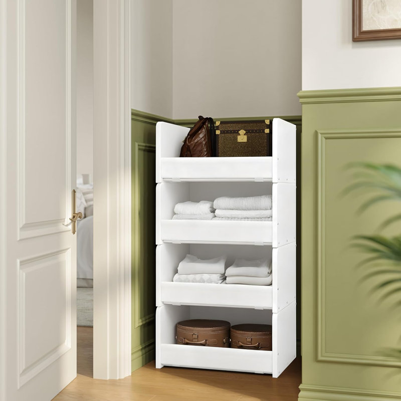 Organisateur de placard et rangement, organisateur de placard empilable, structure en bois avec tablettes en tissu de polyester, organisateur de tablette de grande capacité pour vêtements pliés, blanc, conception brevetée