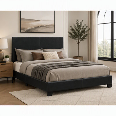Black Upholstered Queen Panel Bed with Smooth Faux Leather and Contemporary Design for Elegant Bedrooms