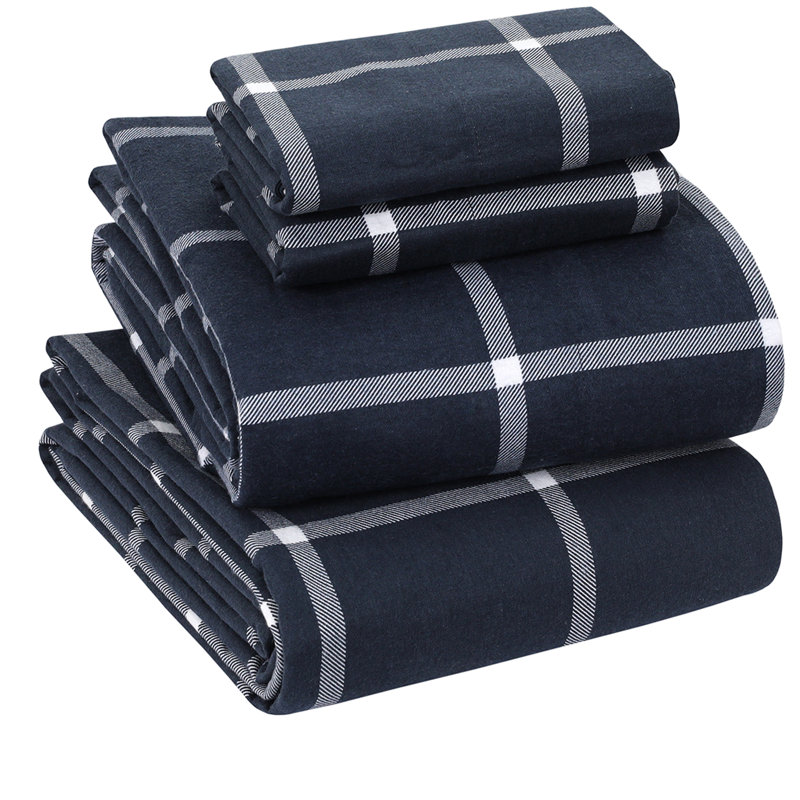 Ensemble de draps 100% flanelle de coton Colyt, Ensemble pour grand lit + drap-housse + 2 taies d', Carreaux bleu marine