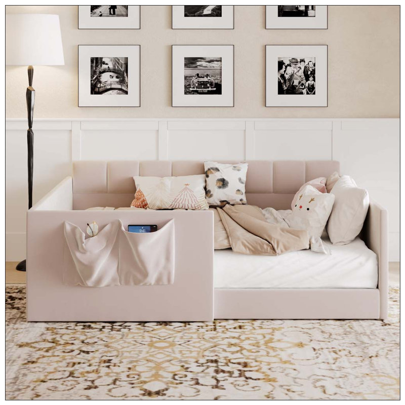 Daybed Velvet Upholstered Sofa Bed with High Side Panels and Side Entrance, Space-Saving Guest Bed with Storage Pockets, Full