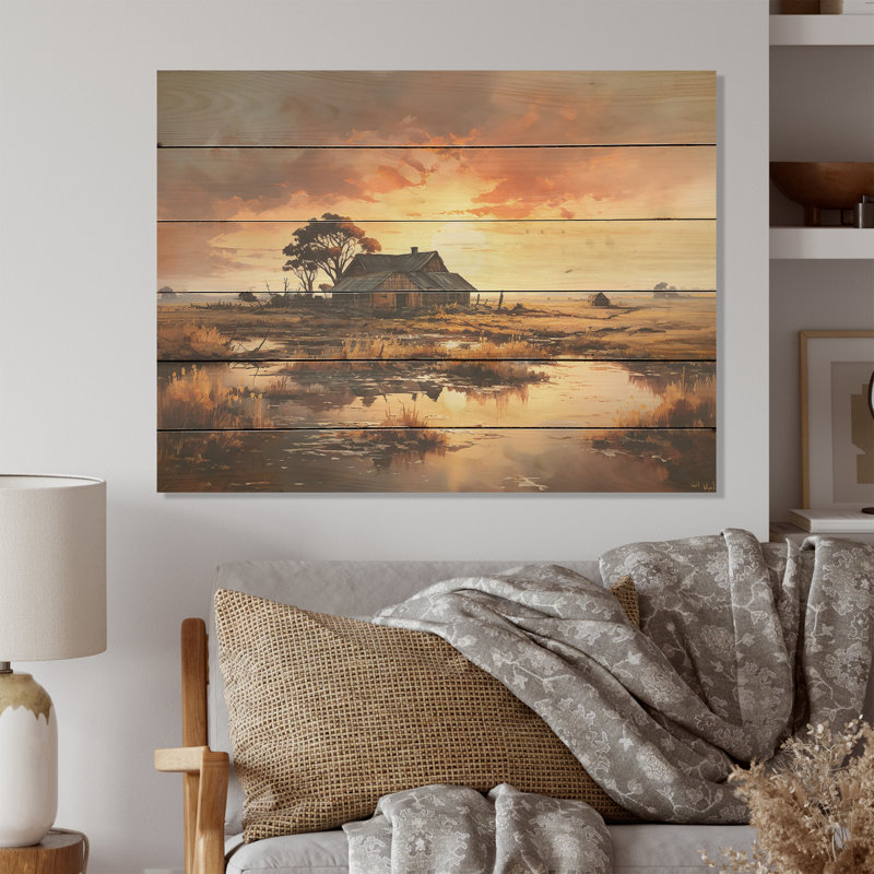Sunrise Countryside Farm Unveilé - Art mural en bois de ferme sur bois de pin naturel, H 24 po x l 32 po