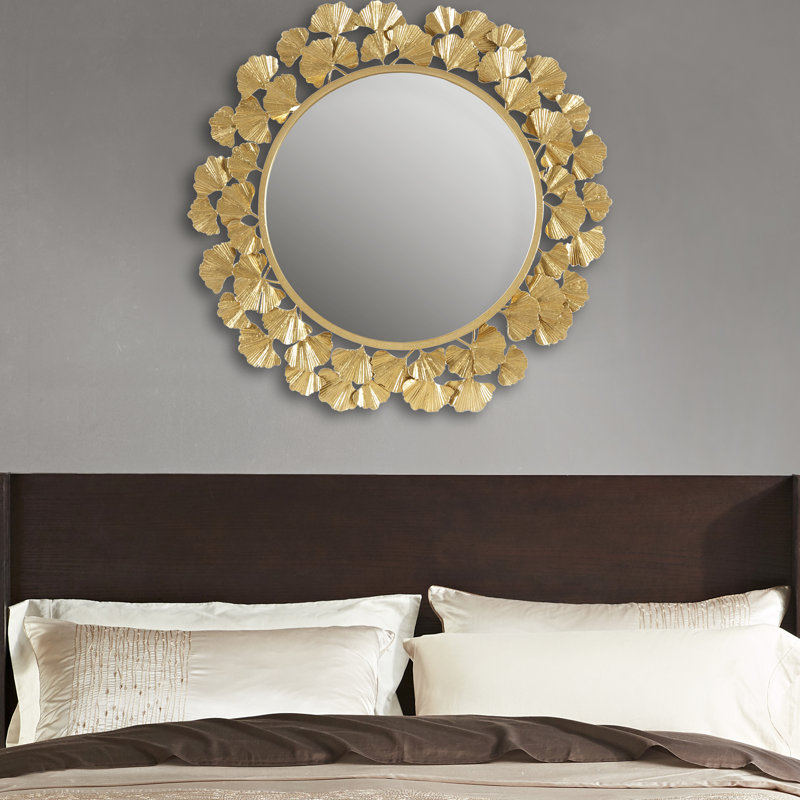 Miroir mural rond 30,5 po avec éléments en feuille d'or, cadre en fer, miroir, nettoyage des taches, installation rapide en métal