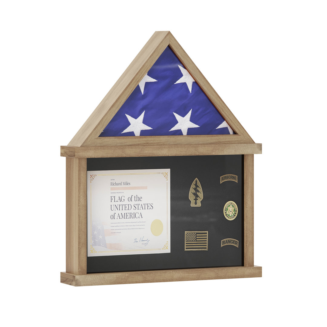 Quincy Memorial Flag Display Case with Certificate Holder, Pine Wood Shadow Box for Flag, Certificate Flash Furniture 