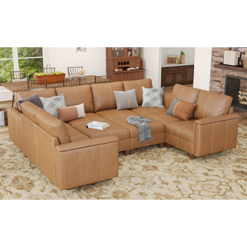 Oversized Faux Leather Sectional Couches for Living Room, Modular Convertible 10-Seat U-Shaped Sofa with Storage & Ottoman, 145 inch Width