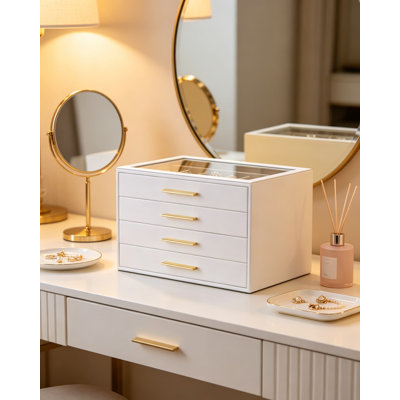 Pure White Leather Jewelry Box Organizer for Women with Glass Window, 4-Layer Drawer Storage Case with Velvet Lining for Rings, Necklaces, Bracelets, Brooches, and Watches, Minimalist Vanity Jewelry Holder