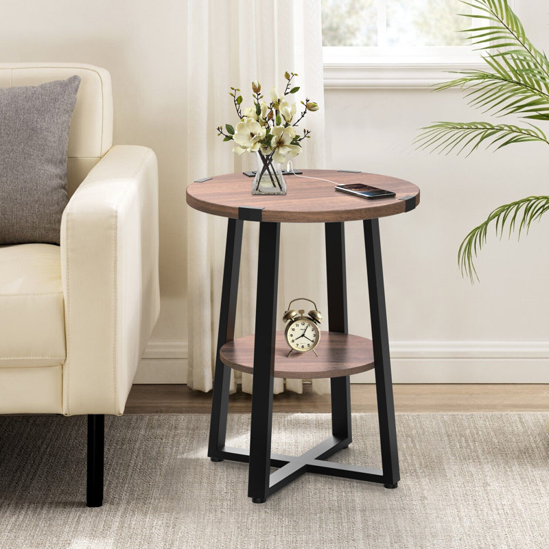 Jalanda Tall End Table with 2 USB Ports, 2 Power Outlets, and 2-Tier Storage Shelves, Dark Walnut