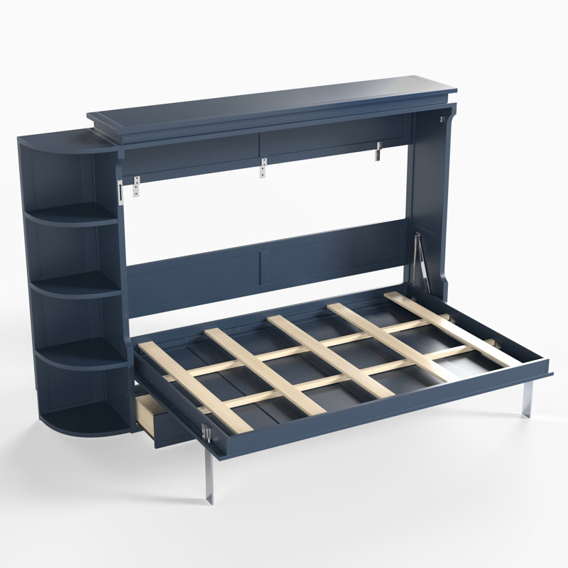 Lit plateforme double pleine grandeur avec tablettes, armoires latérales et tiroirs, lit bureau à domicile peu encombrant, bleu
