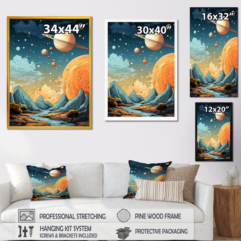Bleu et orange, planète cosmique Constellations II - art mural de la planète espace, Cadre flottant doré, H 32 po x l 16 po