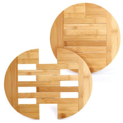 Bamboo Trivet Expandable, Round Hot Pad Trivet Wooden Heat Resistant Mat for Hot Dishes, Bowls, Plates, Pots and Pans, Tabletop Protection, 2 Pack, Light Brown