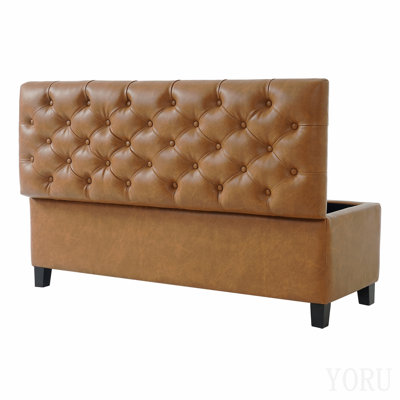 Banc ottoman avec rangement, surface en PU marron, pieds en bois d'hévéa, capacité de charge de 136 kg