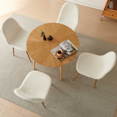 35" Small Round Dining Table Set With 4 Teddy Fleece Dining Chairs In Metal Legs, Easy Assembly For Compact Spaces - White
