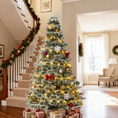 Pre-Lit Snow Flocked Artificial Christmas Tree, Prelighted Artificial Hinged Spruce Xmas Tree