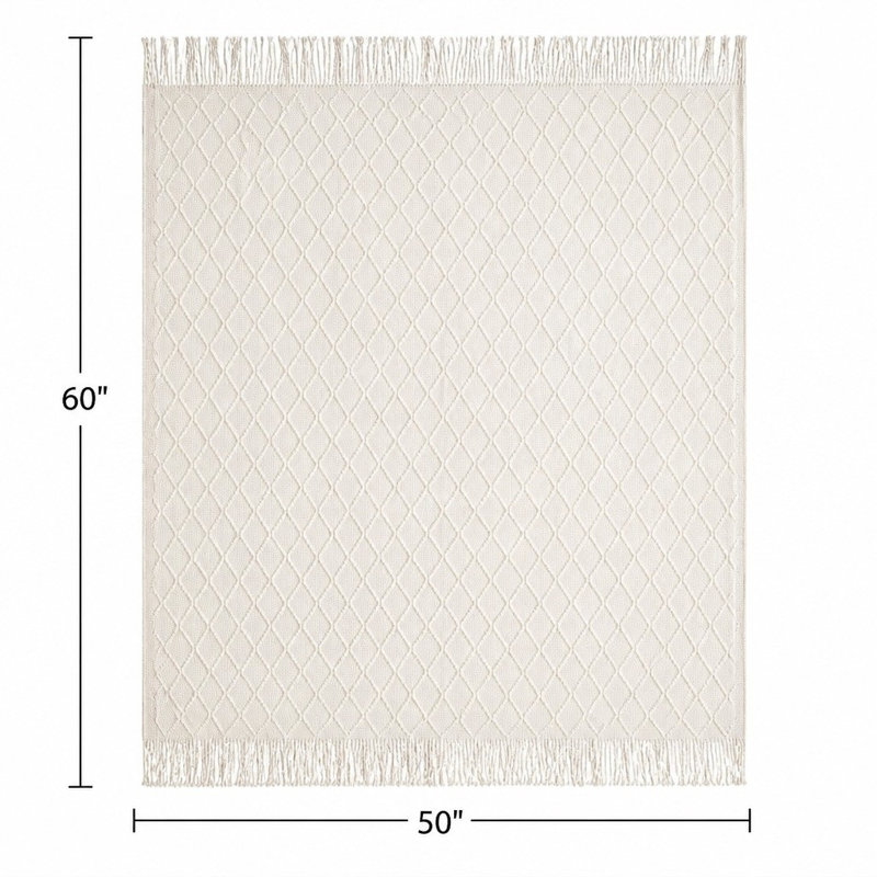Off White Knitted Throw Blanket with Diamond Pattern