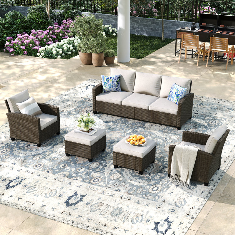 Ensemble de conversation avec canapé en rotin 5 pièces, Beige