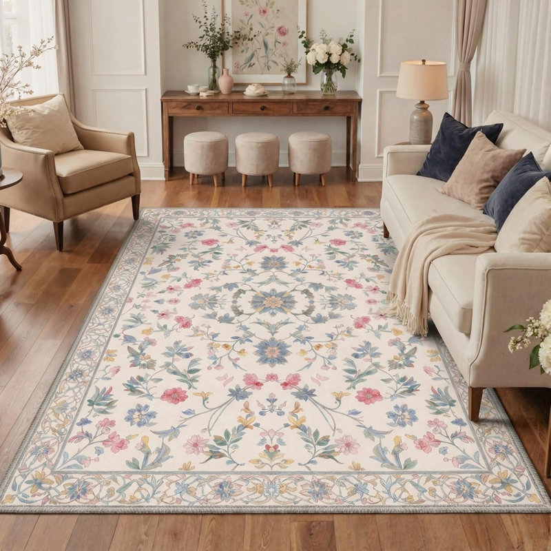 Light Floral Border Rug 5 X 7 Ft for Living Room, Multicolor Beige