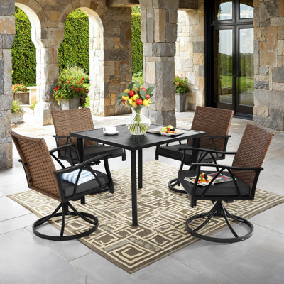 5-Piece Patio Outdoor Wicker Dining Set with 4 Swivel Rocker Chairs & Steel Table by Hokku Designs