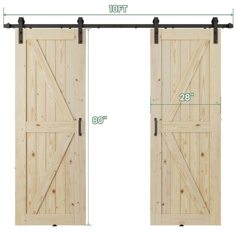 Portes de grange doubles à panneaux en bois massif non finis avec quincaillerie d'installation, 56 po x 80 po