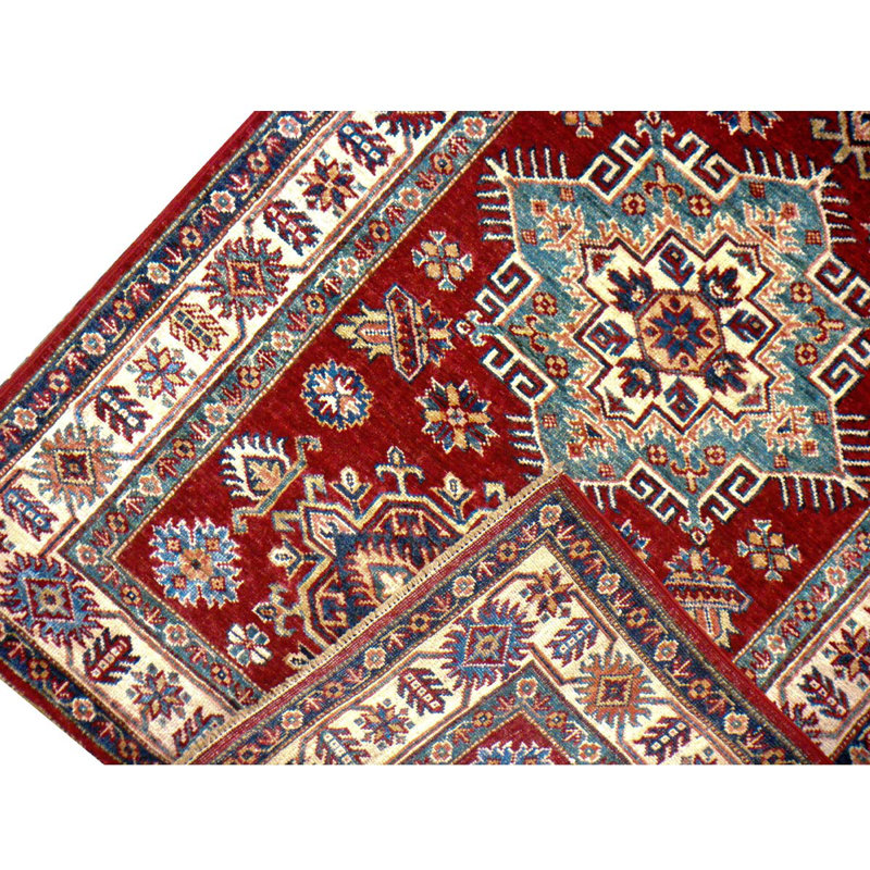 Tapis unique en laine noué à la main de haute qualité de 3 pi 2 po x 4 pi 11 po bleu / rouge / beige