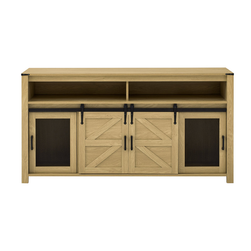 Buffet 59,3 po avec porte de grange coulissante et panneaux grillagés, Naturel
