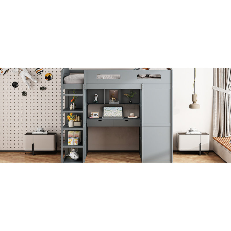 Élégant lit mezzanine double gris avec bureau et rangement: 4 tiroirs, tablettes, armoires - étagères Hub Blaze, Lit double