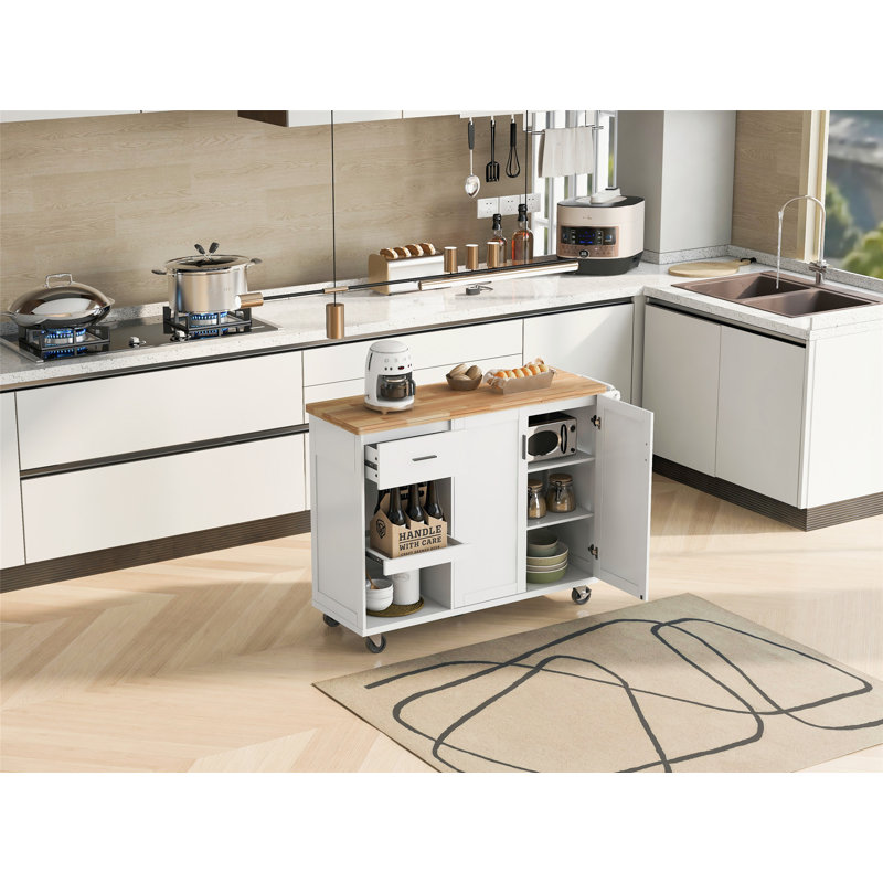 Îlot de cuisine polyvalent avec plateau pliable et grand espace de rangement, Blanc