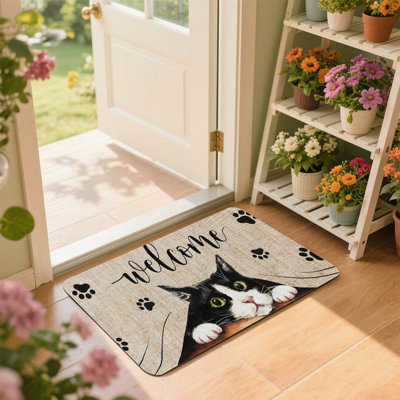 Pet Friendly Welcome Mat 36"x24", Cute Black White Cat Door Decor