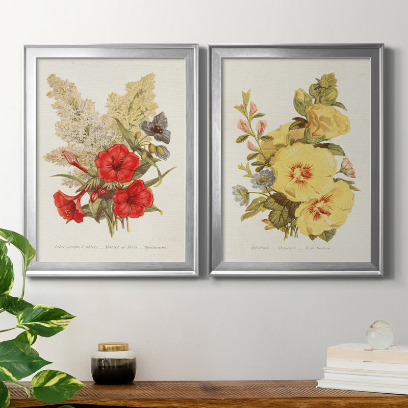 Antique Floral Bouquet V - Ensemble de 2 impressions sur toile encadrées, H 42,5 po x l 30,5 po x P 1,25 po, Cadre argenté