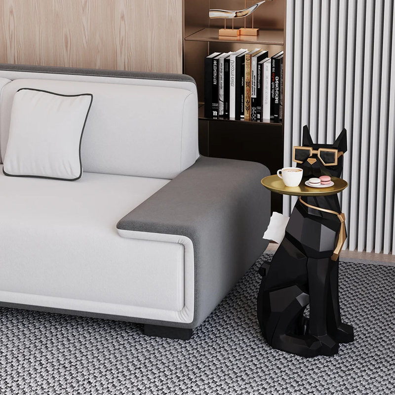 Dog Sculpture Resin Side Table with Tray Top and Tissue Box Storage, Movable Tray, Waterproof, Serves as Housekeeper, Modern Novelty Shape, No Assembly Needed
