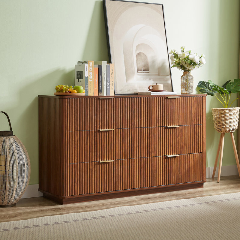 Commode 6 tiroirs, commode à design ondulé moderne, meuble télé, Walnut