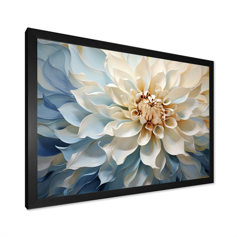 Blanc et bleu fleur de dahlia minimalisme - art mural dahlia, H 16 po x l 32 po x P 1 po, Cadre noir