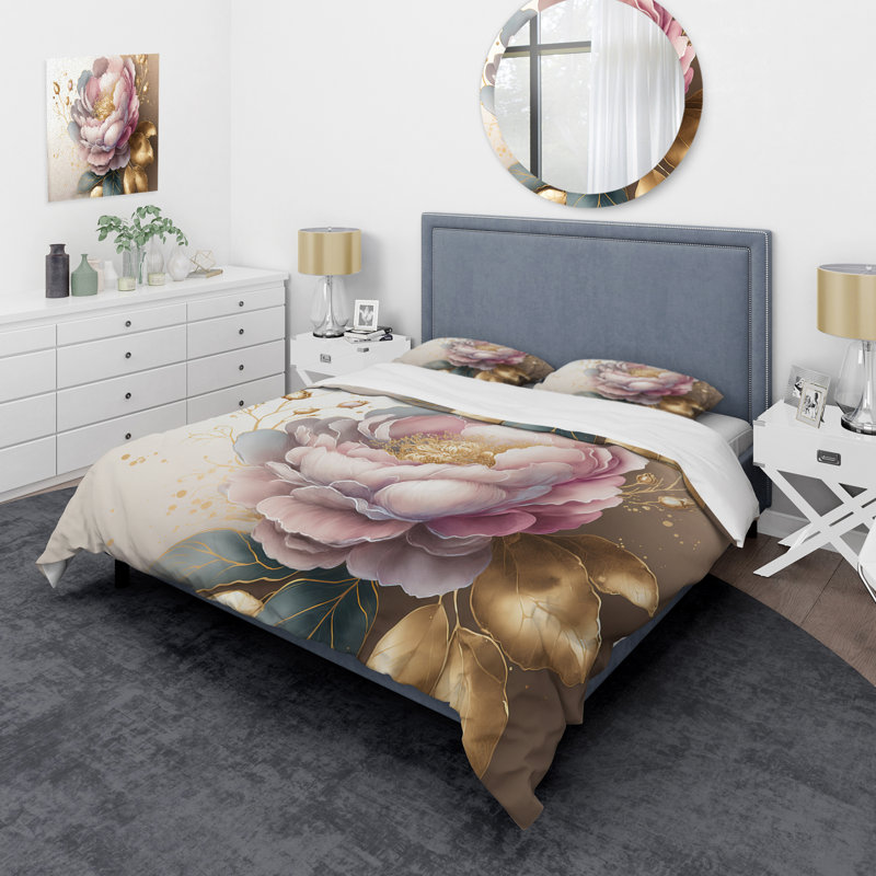 Ensemble de housse de couette rose et doré Camellia Flower II - Floral Camellia - Polyester microfibre