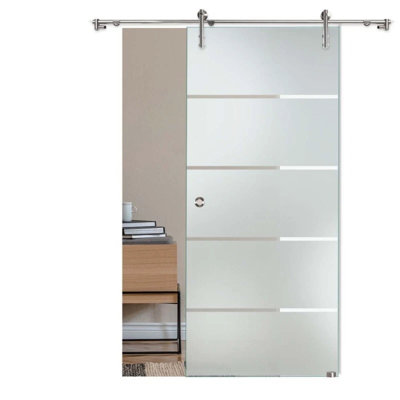 Porte coulissante de style grange en verre dépoli sans cadre de 119 x 208 cm avec 4 bandes transparentes + acier inoxydable + poignée encastrée