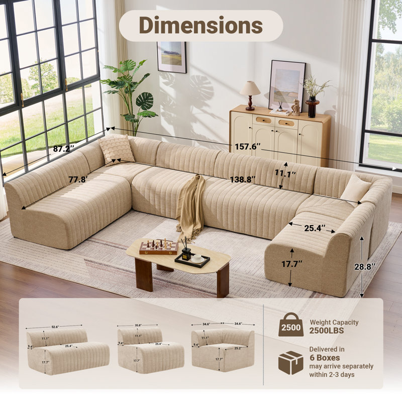 157.6" Upholstered Sectional Oversized Chenille Modular Sofa Compression U Shaped Sofa, 28.8" H x 157.6" W x 87.2" D
