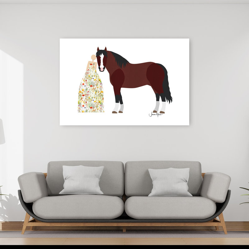 Woman And Horse Bond Minimalist Horse Flower Nature Wall Art Print 1 Piece Wrapped Canvas Wall Art, 101.6cm H x 152.4cm W