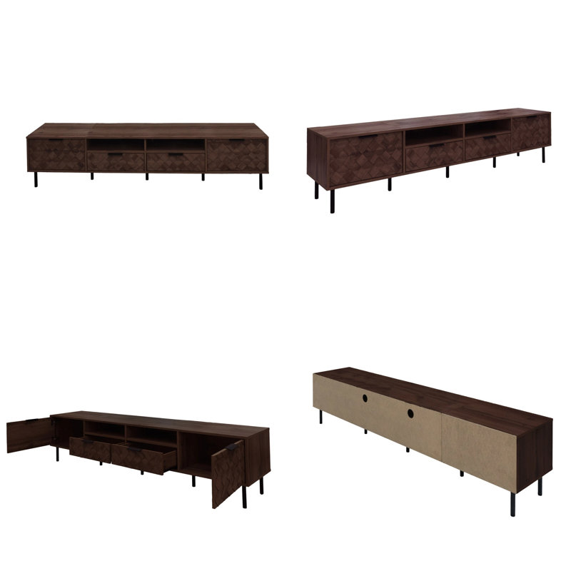 Meuble télé 78 po pour téléviseur de 85 po ou moins | Meuble audio-vidéo avec motif en losange 3D entrelacé | Charnières à fermeture en douceur et gestion des câbles | Console média pour salon en fer | Brun foncé