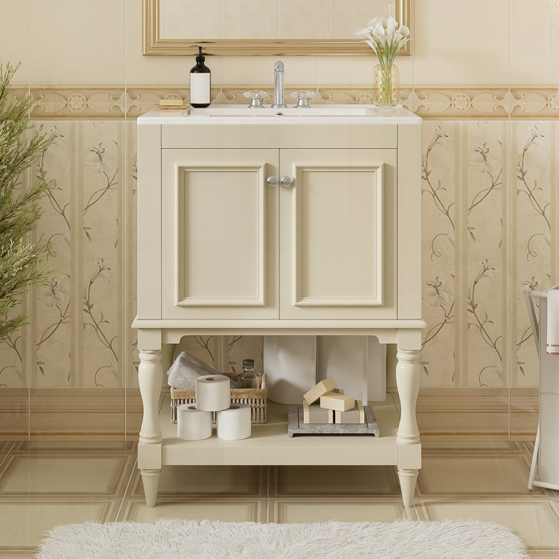 Meuble-lavabo de luxe moderne de 24 po avec lavabo en céramique, tablette ouverte et rangement fermé pour un design élégant