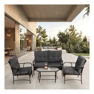 Ensemble de mobilier d'extérieur 4 pièces, ensemble de conversation en osier pour terrasse, canapé en rotin brun avec coussin