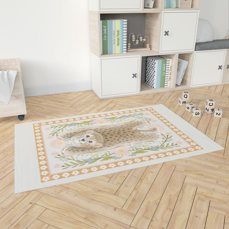 Lil Lying Leopard Flowers Kids Play Mat, Ivory, Rectangle 2' x 3'