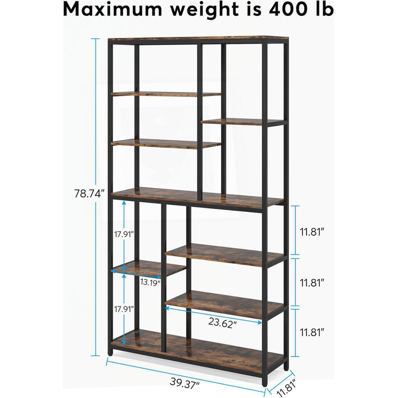 78.7" Extra Tall 8-Tier Rustic Brown Staggered Etagere Bookcase