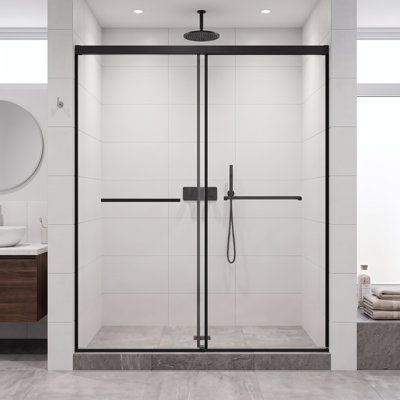 60" W x 72" H Frameless Double Sliding Shower Door in Matte Black with Aluminum Soft-Close Buffer Track and Extended Towel Bar