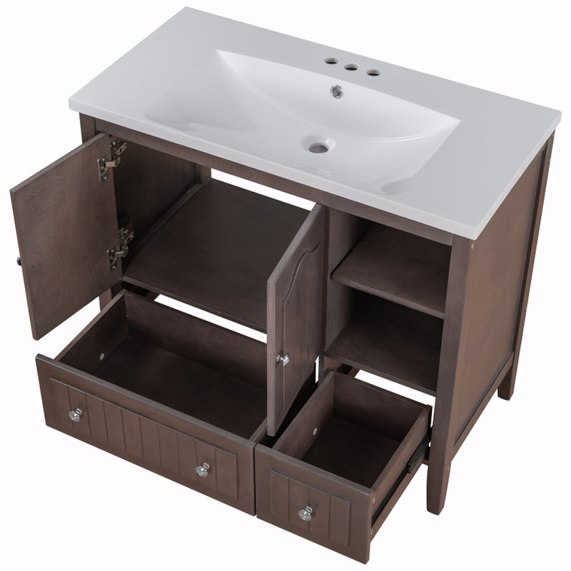 Meuble-lavabo simple 36 po avec plateau en céramique Senie, Brun