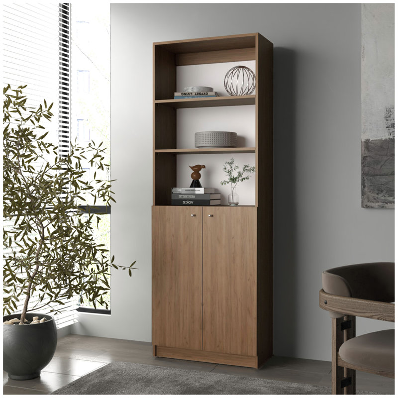 Beyerville Bookcase With Open Storage And 2 Doors, Natural Oak And White, Dark Brown