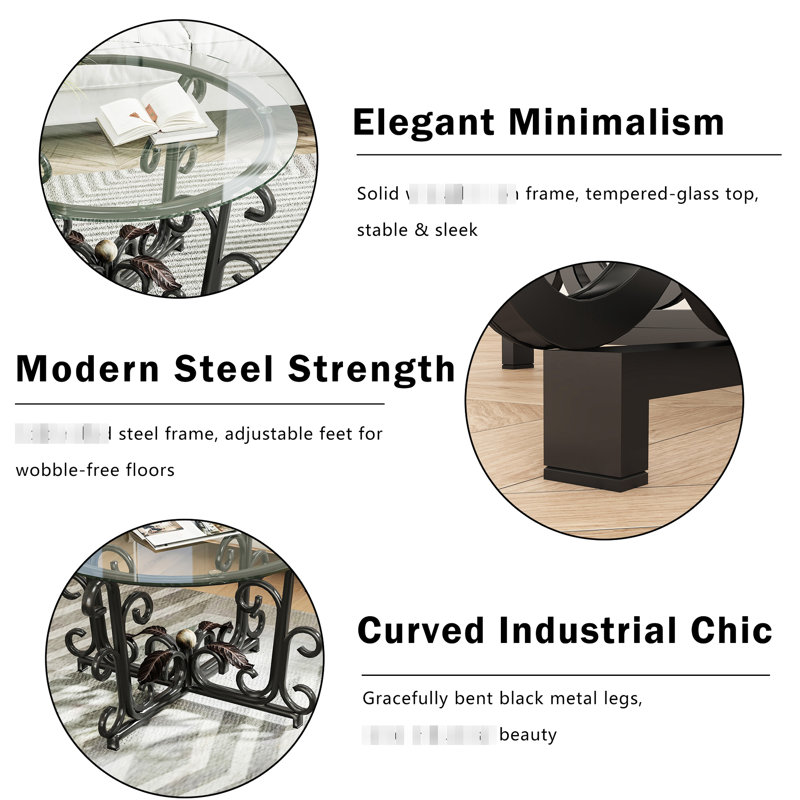 3 tables basses, salon moderne en verre trempé transparent et cadre noir avec pieds réglables arrondis lisses