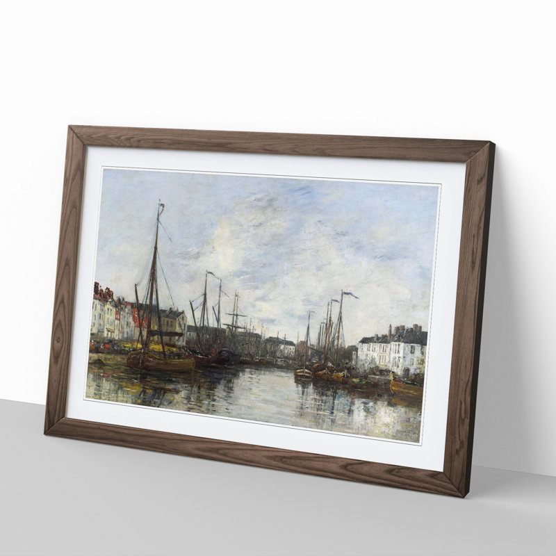 Harbour in Brussels by Eugene Boudin - Picture Frame Painting, Walnut Framed, 48cm H x 65cm W x 2cm D