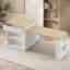 Îlot de cuisine cannelé K&K de 210 cm avec table à manger extensible pour 4 à 6 personnes, table d'îlot avec prise électrique, table de cuisine avec rangement double face, 2 tiroirs et 2 étagères latérales ouvertes.-1485840461