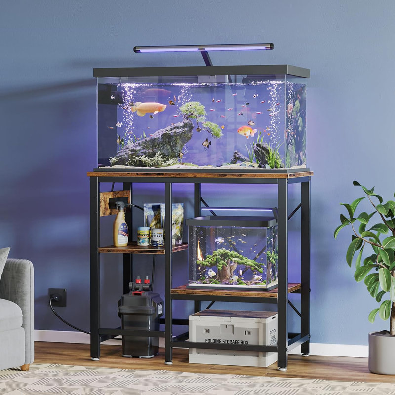 Rustic Brown Metal Fish Tank Stand with Adjustable Shelves