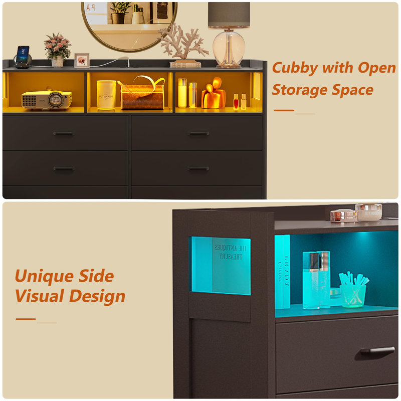 Jaylianiz 6 - Drawer Dresser with Power Outlet, Chest of Drawers with LED Lights and Open Storage