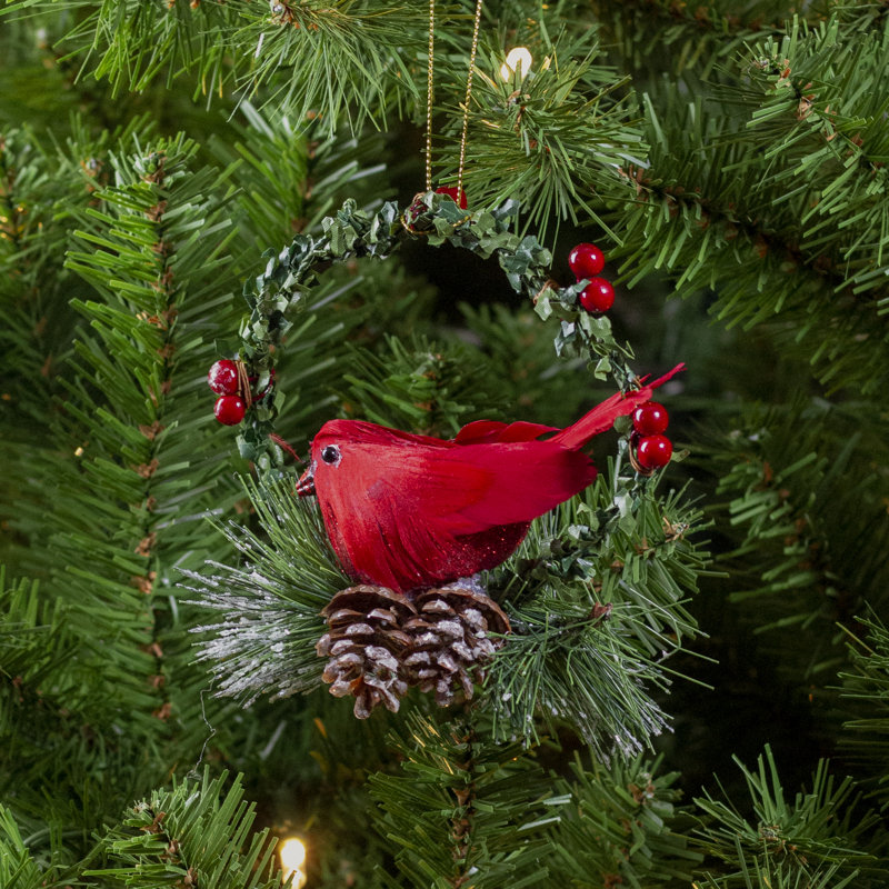 Ornement de Noël 5,5 po Cardinal vert et rouge dans une couronne de houx