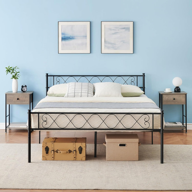 Base de lit plateforme avec tête de lit, sommier robuste avec support à lattes en métal, aucun sommier requis, rangement sous le lit