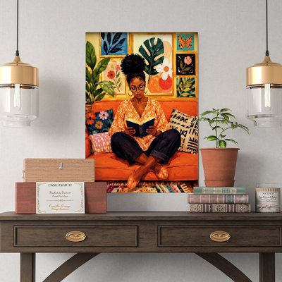 Canvas Wall Art Woman Reading Book Orange Sofa Botanical Wall Art Vintage Poster Print Home Decor